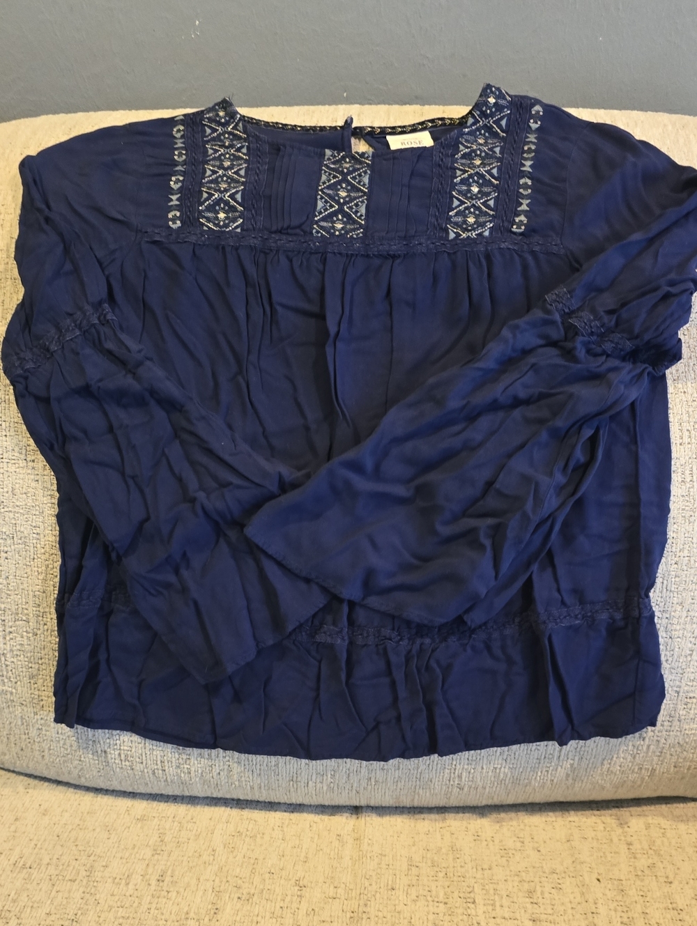 Knox Rose Boho Embroidered Bell Sleeve Navy Women's Blouse. Size XL (See below)